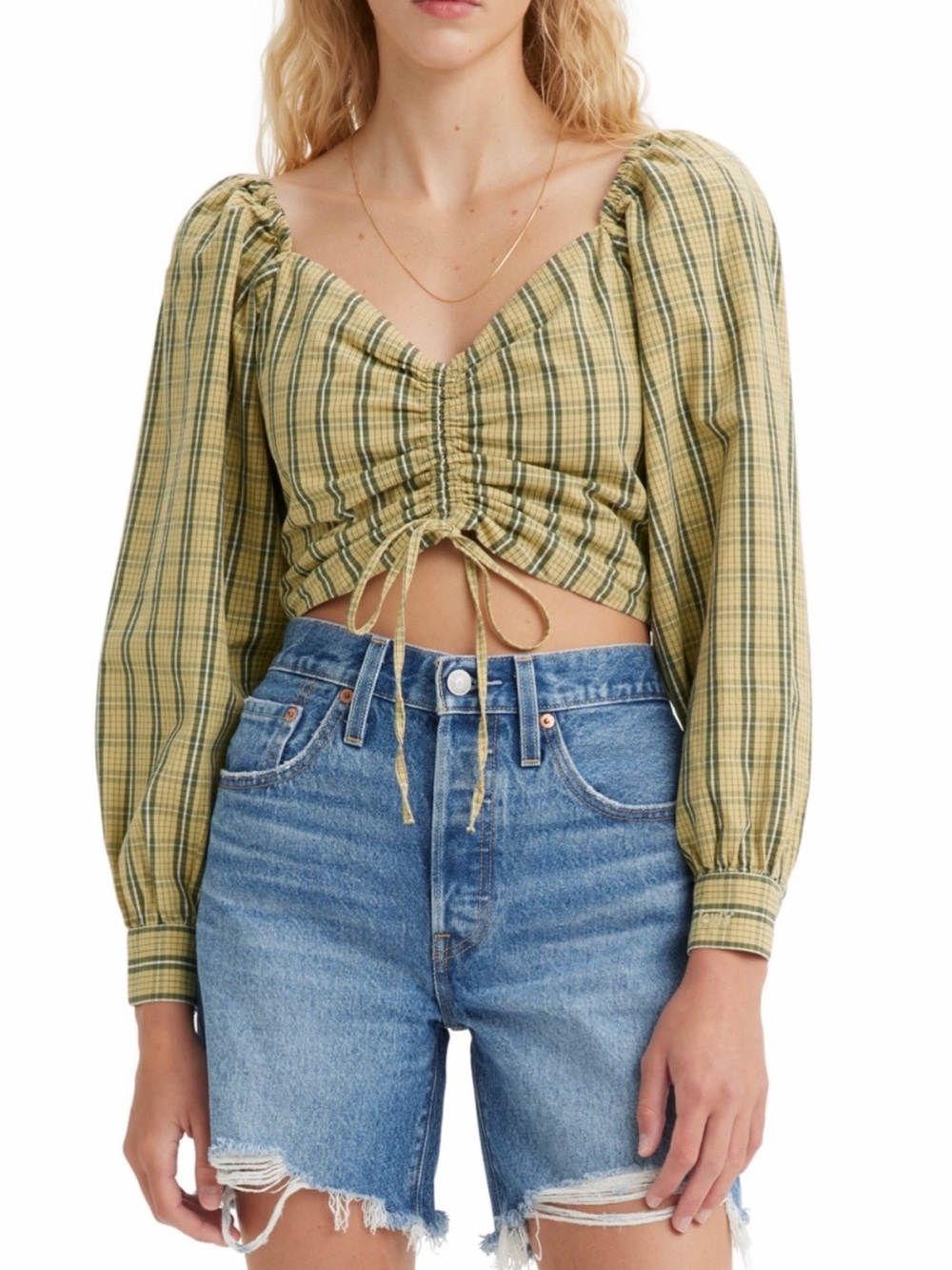 Levi's Yellow Green Brown Plaid Ruched Crop Top